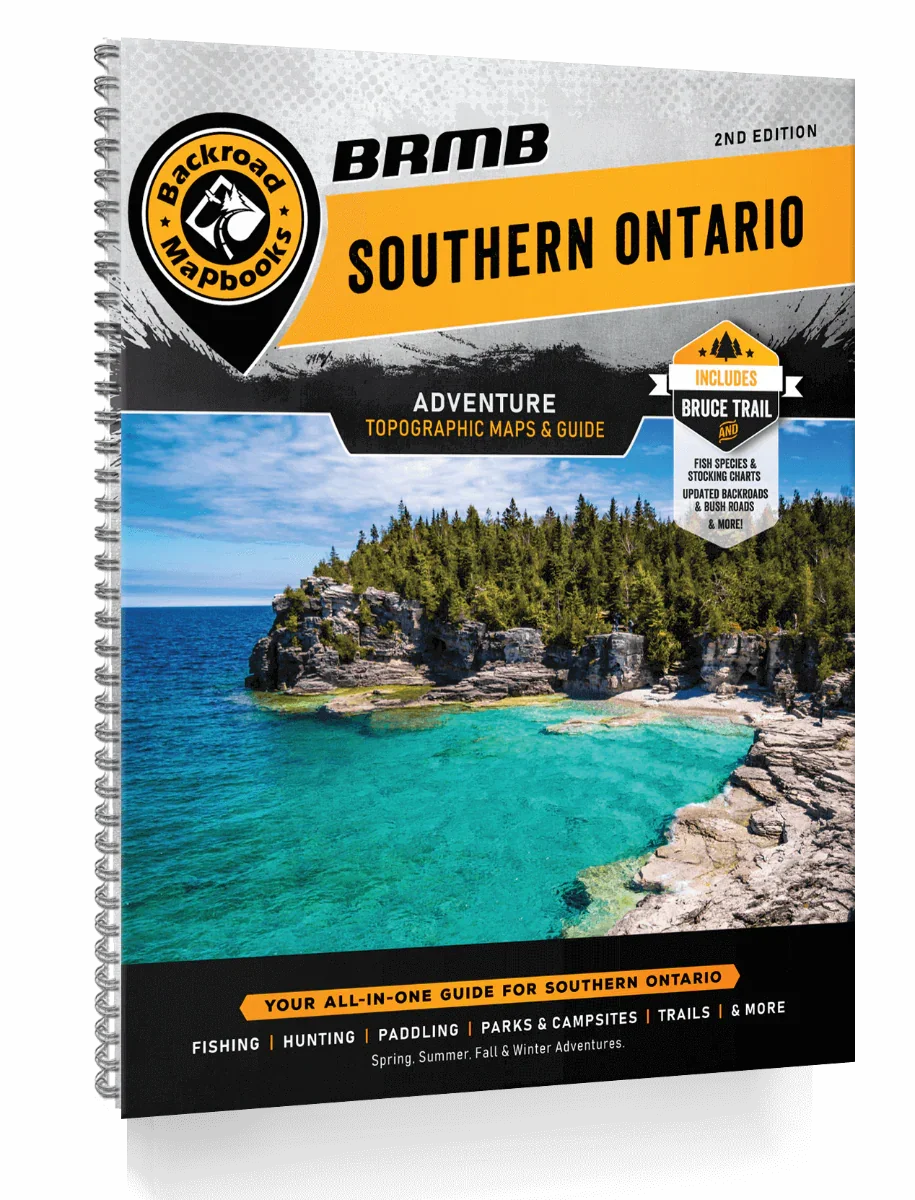 Backroad Mapbooks BRMB Southern Ontario adventure guide cover with scenic lake and rocky shoreline