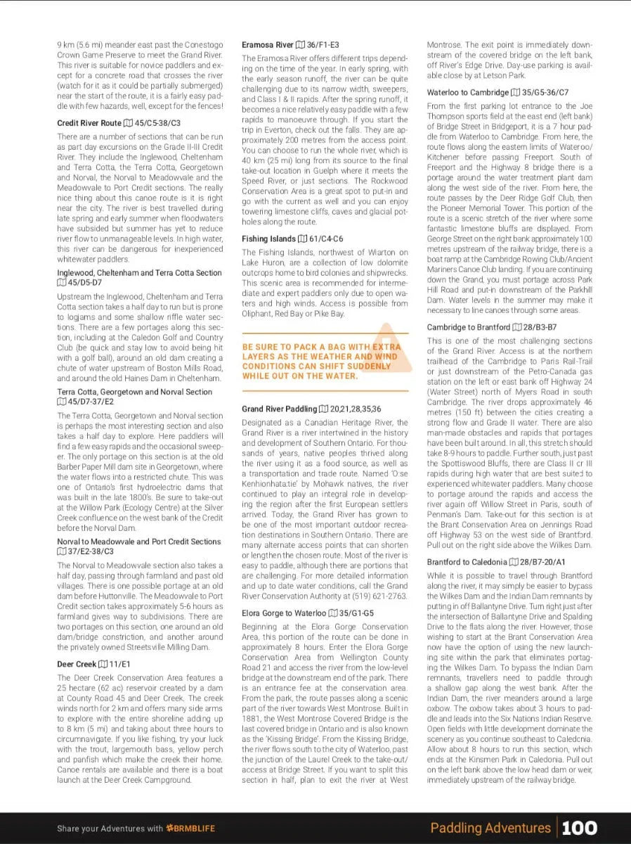 Southern Ontario Backroad Mapbook paddling adventures, river routes, and water safety tips page