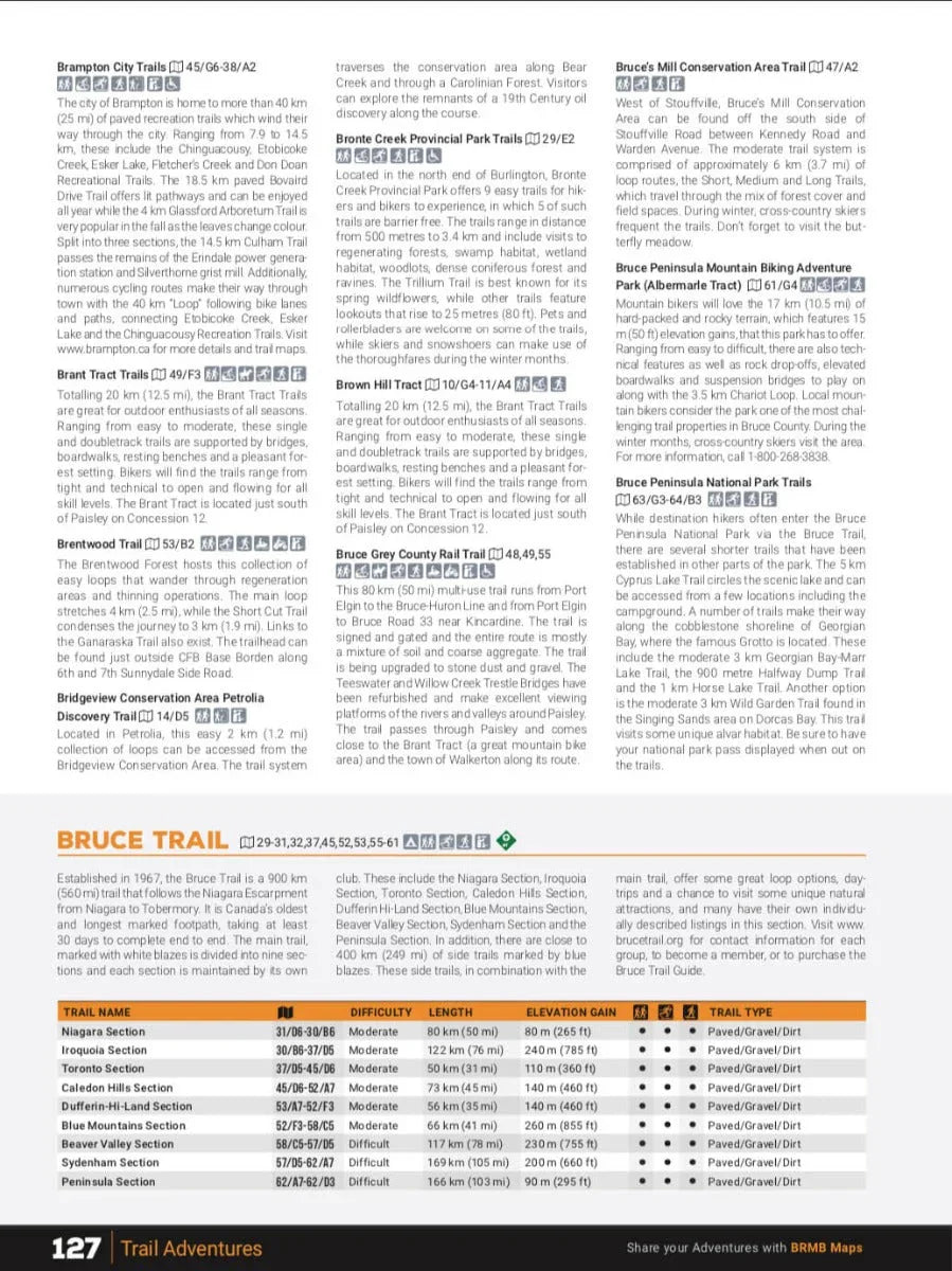 Southern Ontario Backroad Mapbook page listing trail descriptions, map codes, and Bruce Trail details.