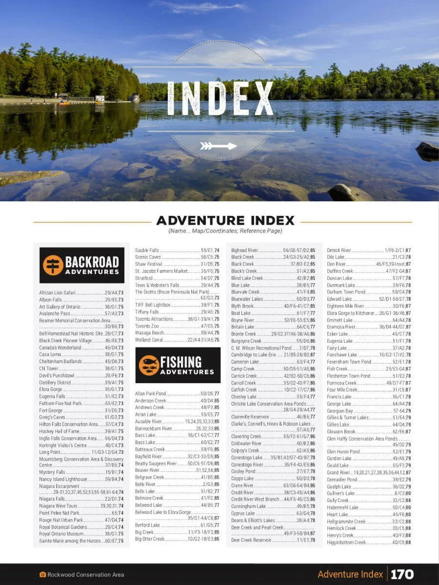 Southern Ontario backroad mapbook index page with lake, forest, and adventure listings