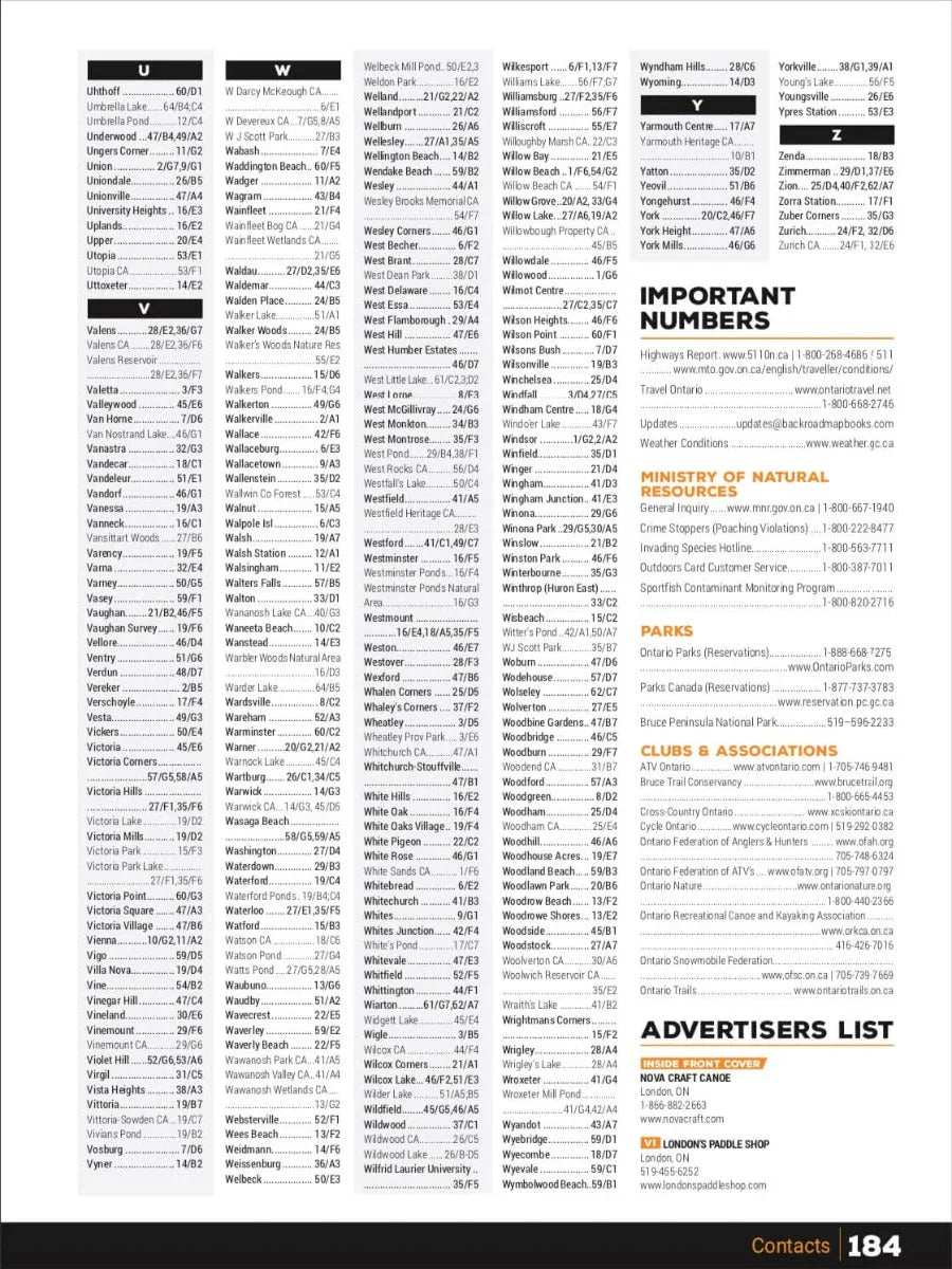 Southern Ontario Backroad Mapbook index page listing towns, parks, and important numbers