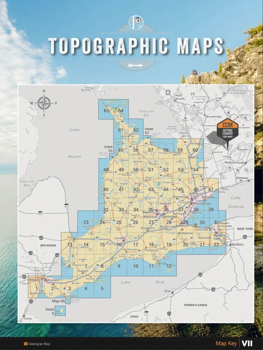 Southern Ontario topographic mapbook cover with region grid and map details, outdoor cliff background