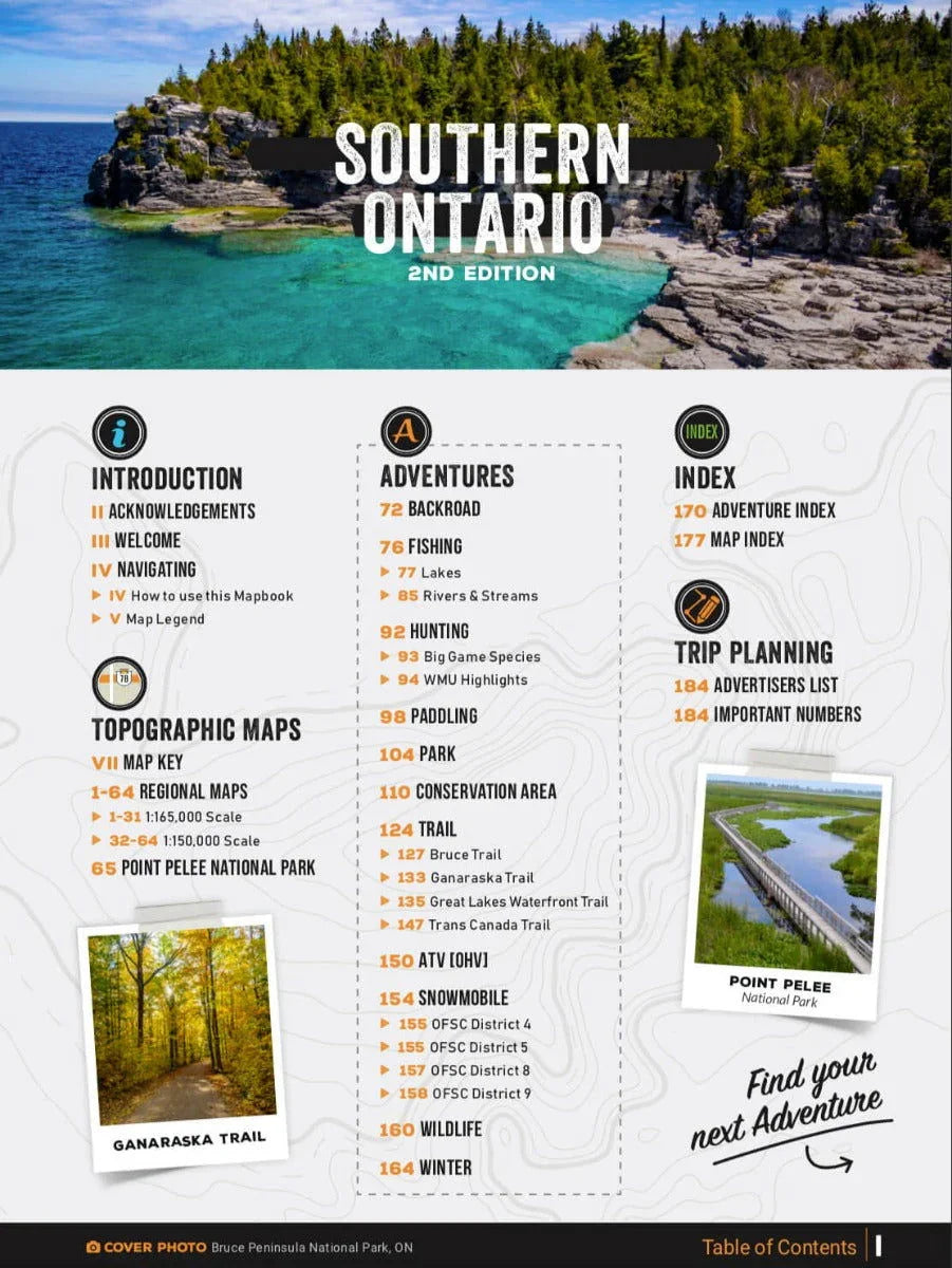 Southern Ontario Backroad Mapbook cover with Bruce Peninsula National Park cliffs and blue lake