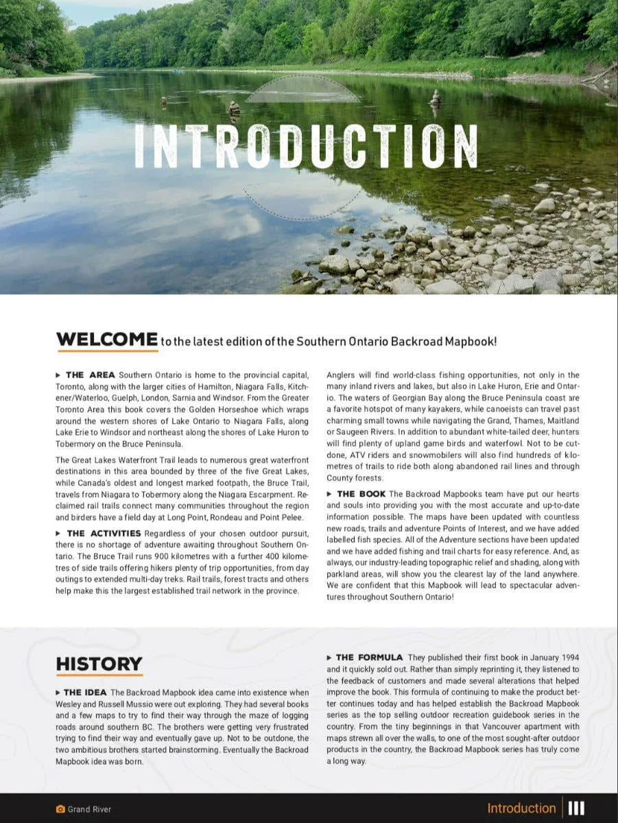 Southern Ontario Backroad Mapbook introduction page with river, trees, and welcome text