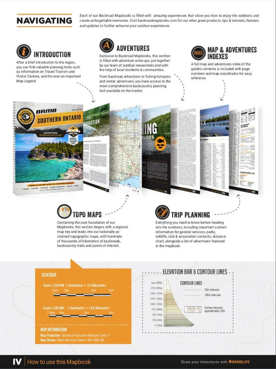 Southern Ontario Backroad Mapbook guide featuring introduction, topo maps, adventures, and trip planning sections with regional map and elevation scale details.