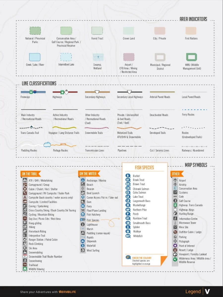 Southern Ontario Backroad Mapbook legend with area indicators, line classifications, and map symbols.
