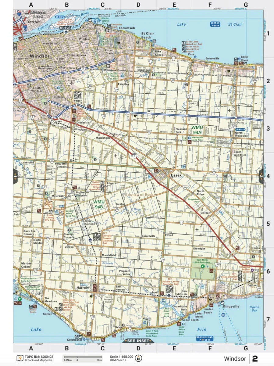Southern Ontario backroad map showing Windsor, Essex, highways, parks, and lakes.