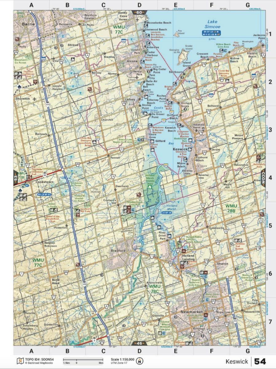 Southern Ontario backroad map with Keswick, Lake Simcoe, highways, parks, and landmarks.