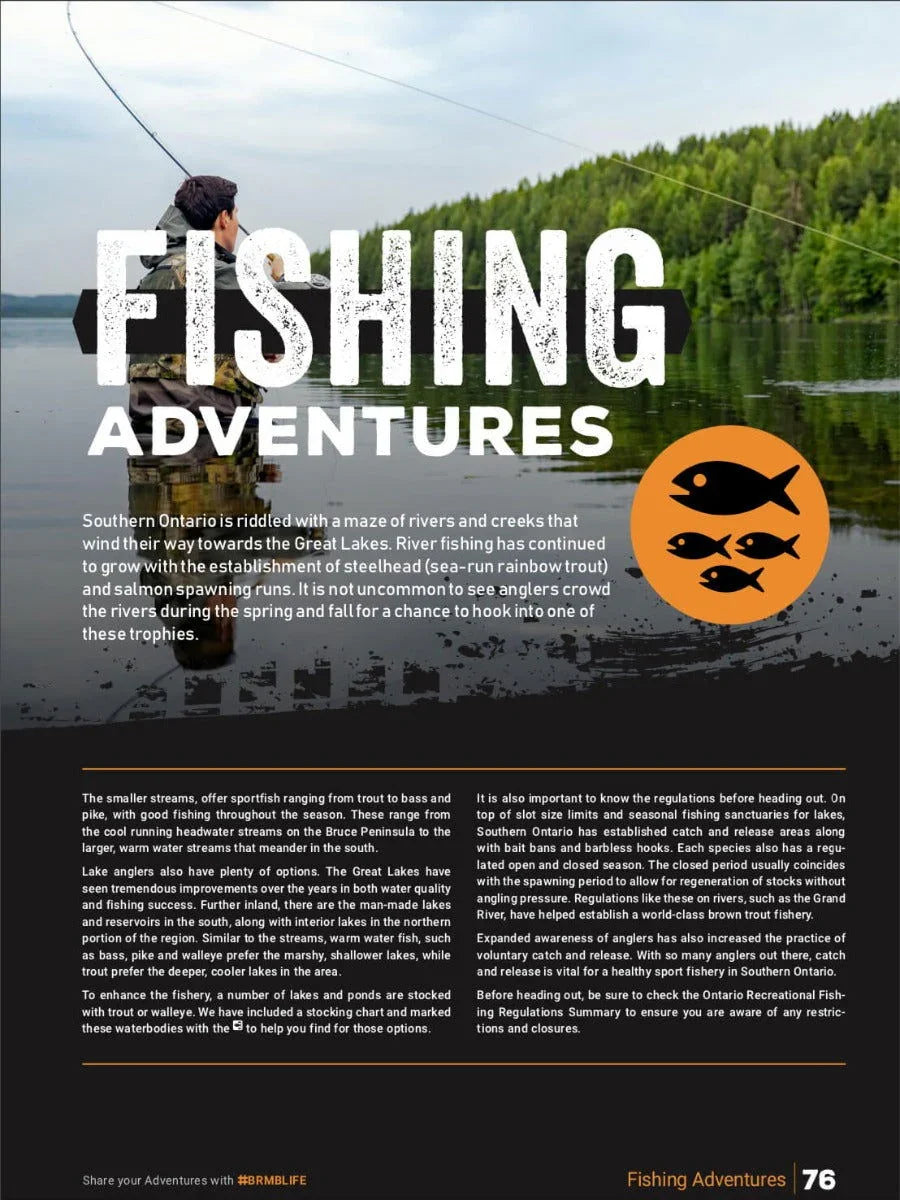 Man fishing in calm lake surrounded by forest, text overlay 'Fishing Adventures' Southern Ontario.