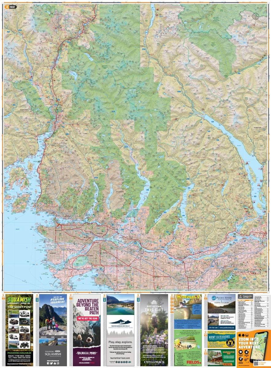 Squamish, Chilliwack, Merritt BC waterproof recreation map with terrain and advertisements