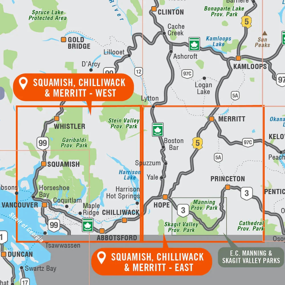 Map highlighting Squamish, Chilliwack, Merritt in BC with recreation areas and parks.