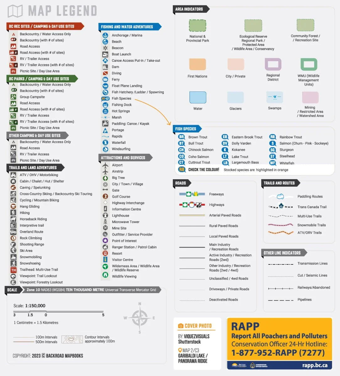 Backroad Mapbooks legend with BC camping, fishing, trails, and symbols for Squamish, Chilliwack, Merritt.