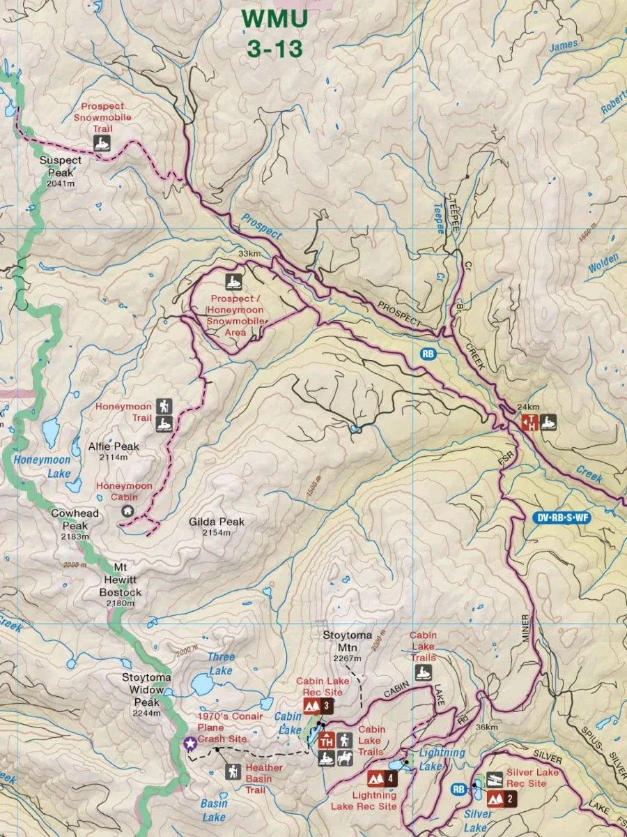 Topographic map showing Squamish, Chilliwack, Merritt BC recreation trails, lakes, and peaks