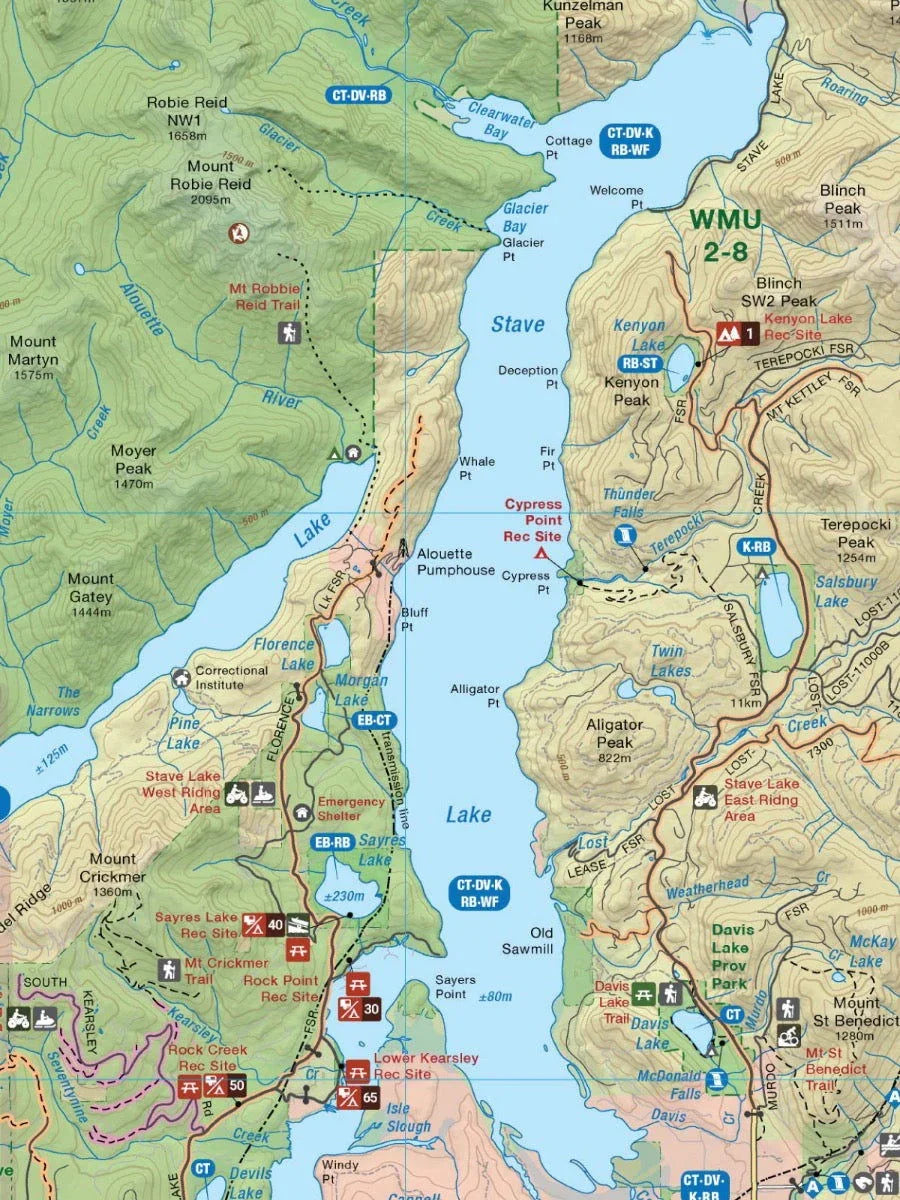 Detailed recreational trail and lake map of Squamish, Chilliwack, and Merritt BC area