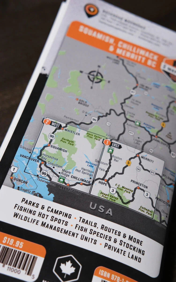 Squamish Chilliwack Merritt BC waterproof recreation map with parks, trails, and campgrounds.