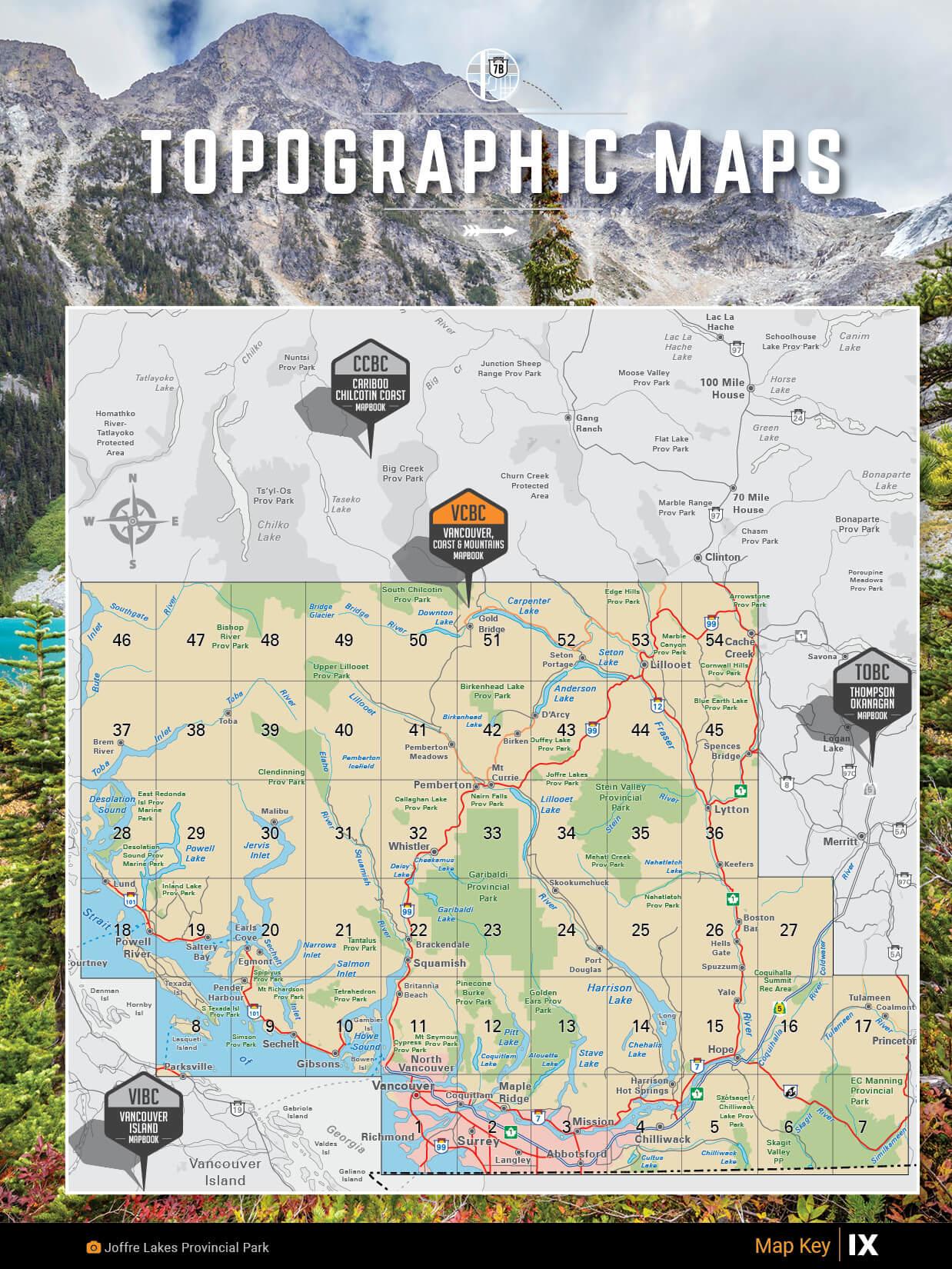 Topographic map of Vancouver Coast Mountains region over mountain landscape background