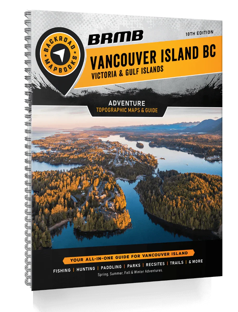 BRMB Vancouver Island BC Backroad Mapbook cover with aerial view of forested islands and lakes.