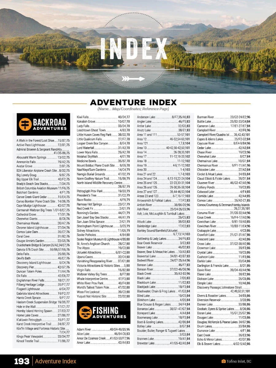 Vancouver Island backroad mapbook index page with adventure and fishing locations, forested inlet landscape at Tofino, BC.