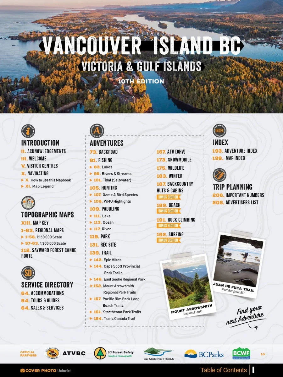 Vancouver Island BC Backroad Mapbook cover with aerial view, adventure and map index