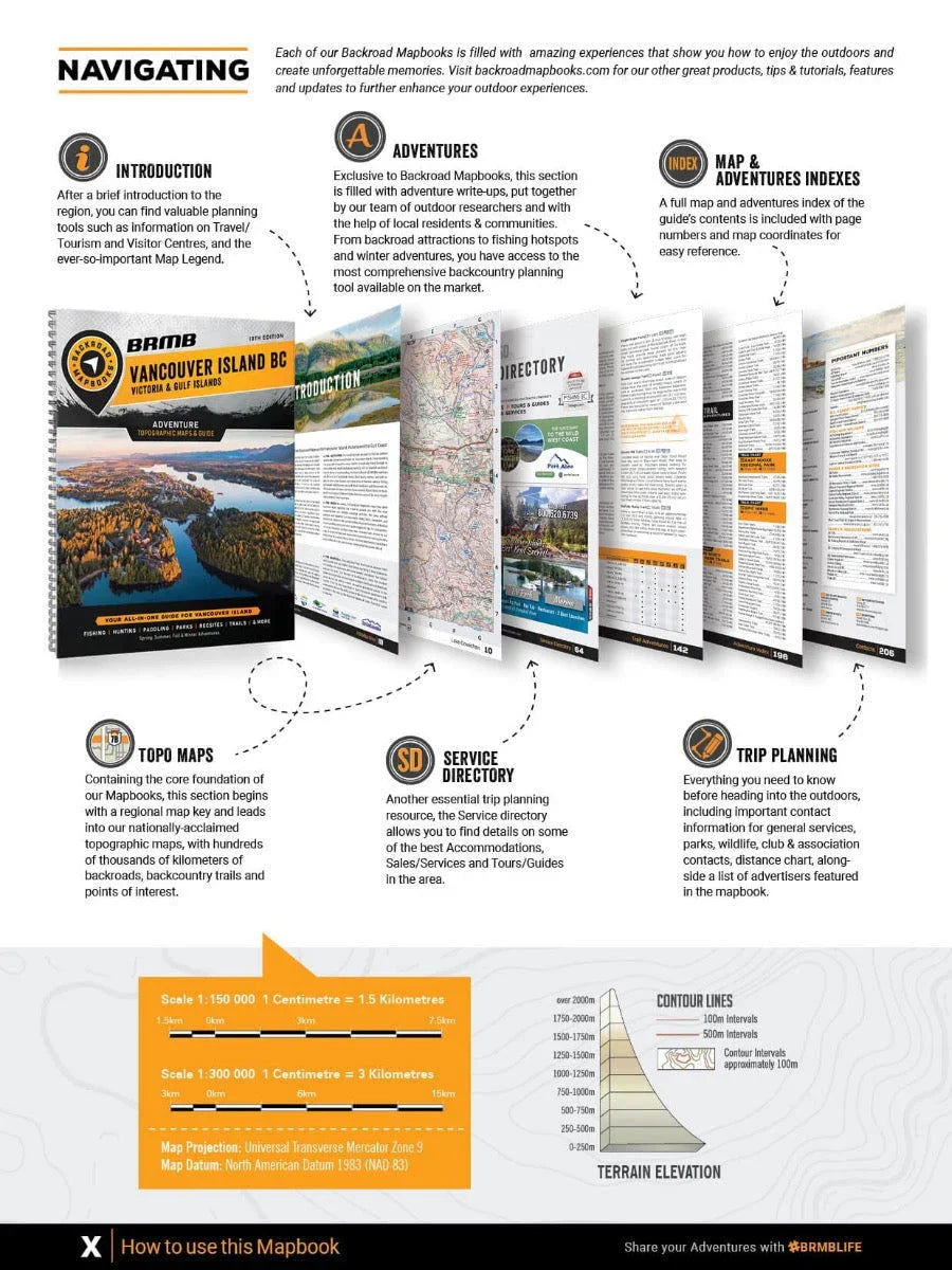 Vancouver Island BC Backroad Mapbook overview showing guide sections, maps, and trip planning tools