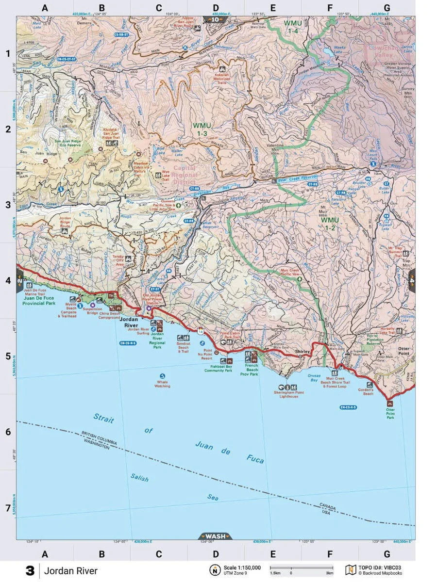 Vancouver Island backroad map showing Jordan River, coastal parks, trails, Strait of Juan de Fuca