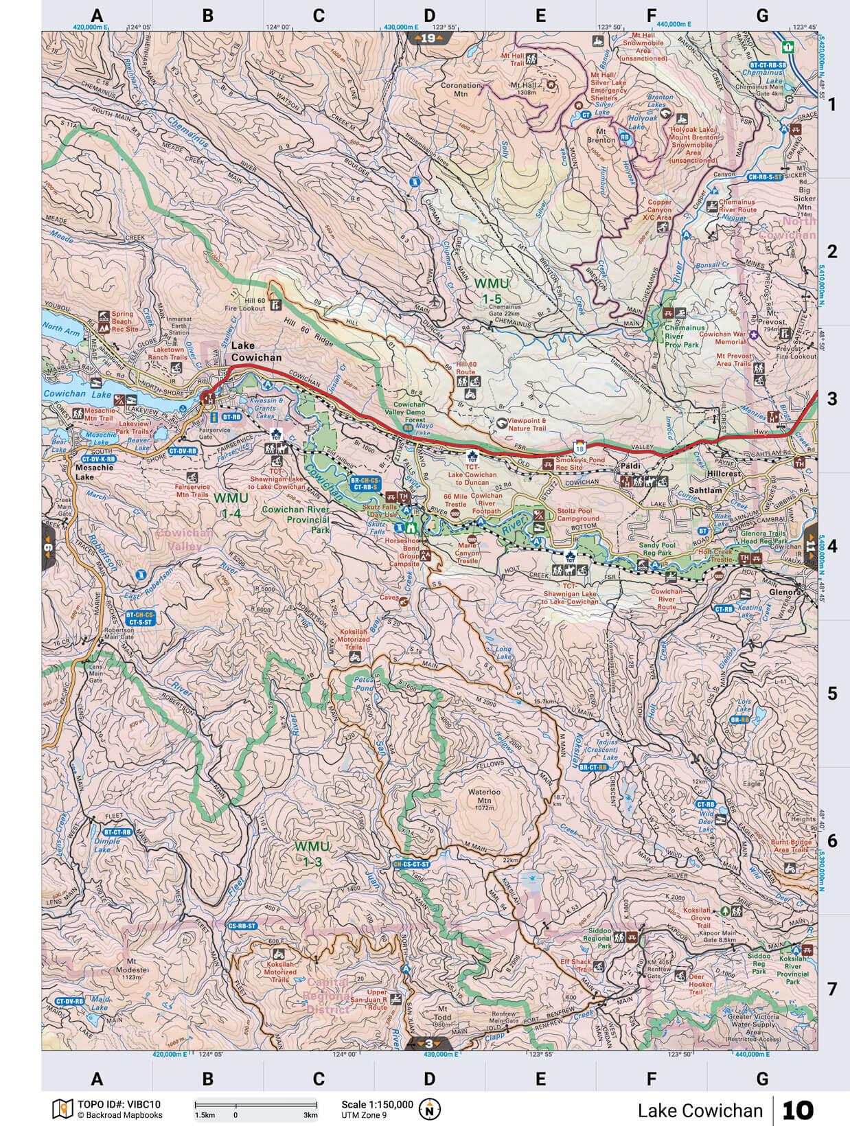 Vancouver Island BC backroad map showing Lake Cowichan, trails, campsites, and contour lines.