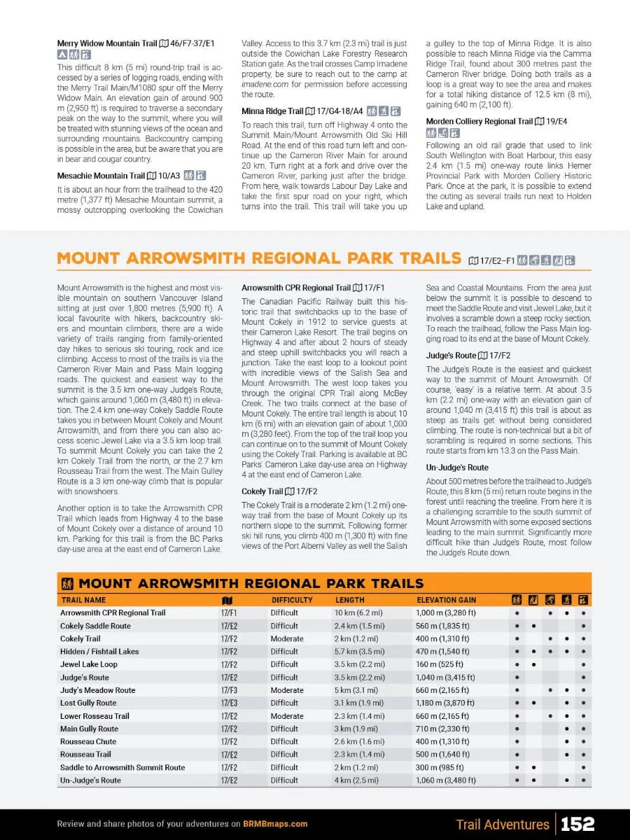 Vancouver Island BC backroad mapbook page showing Mount Arrowsmith regional park trails, trail descriptions, and difficulty ratings.