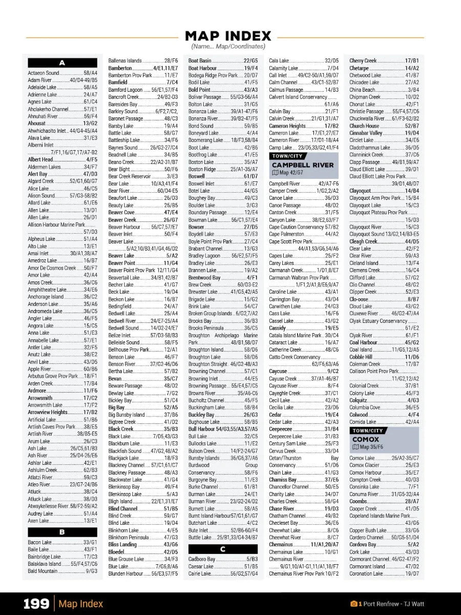 Vancouver Island BC backroad map index page with place names and map coordinates listed.