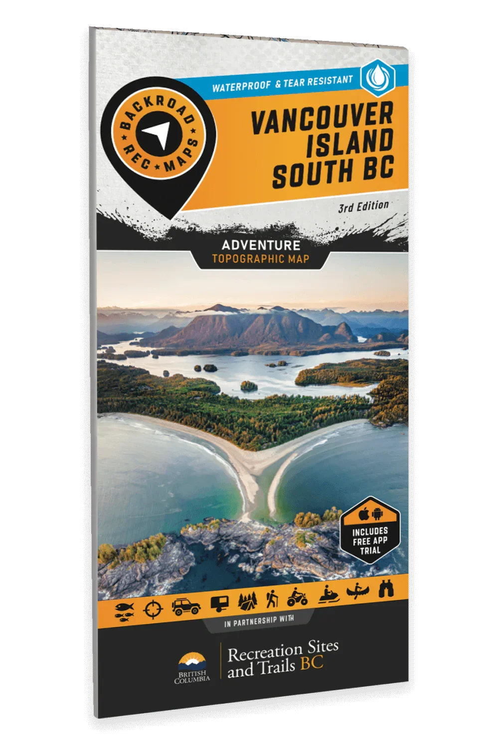 Backroad Adventure Topographic Map for Vancouver Island South BC featuring coastal landscape photo, waterproof and tear resistant.