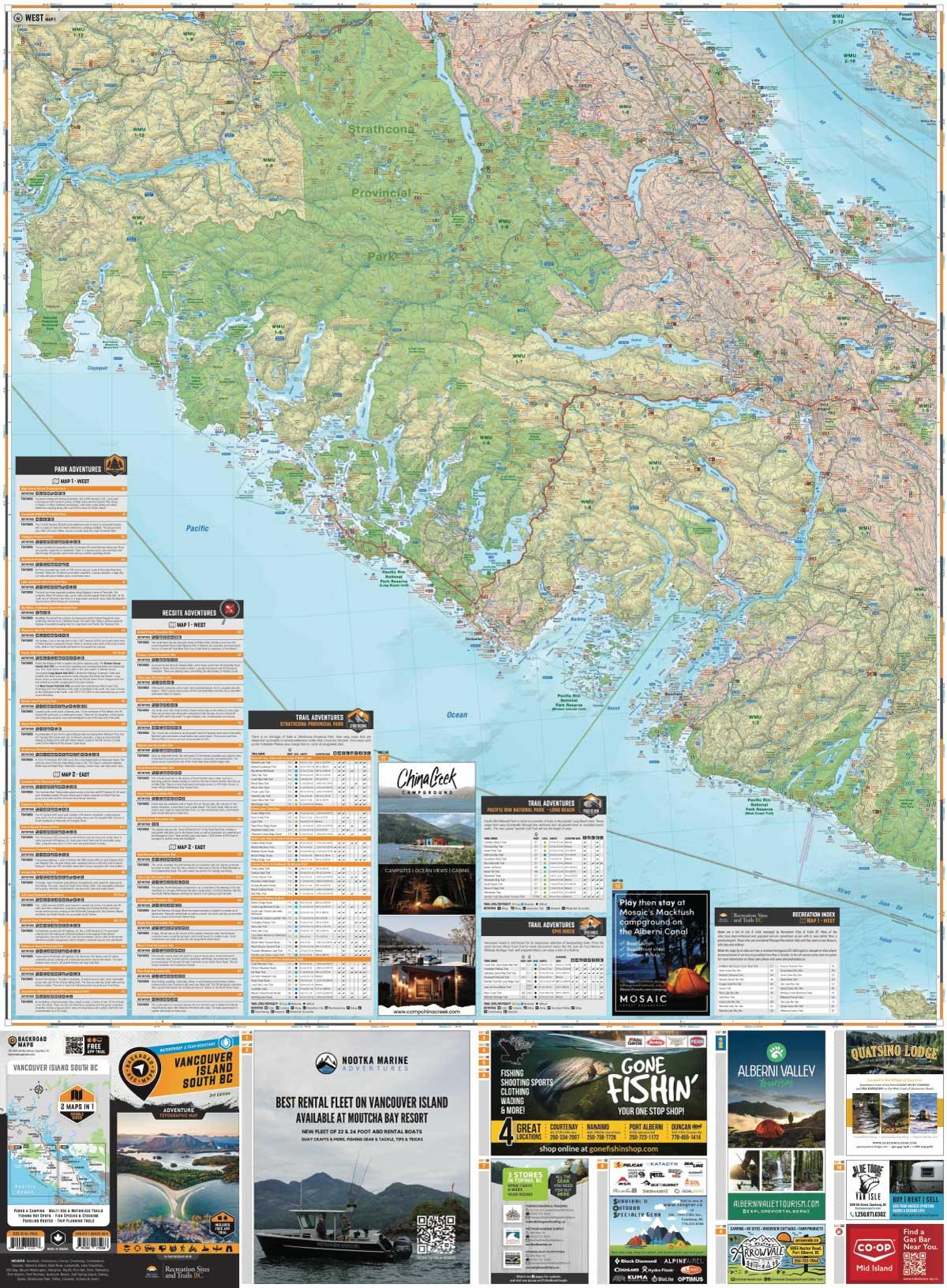 Vancouver Island South BC adventure map with parks, trails, fishing, and local ads