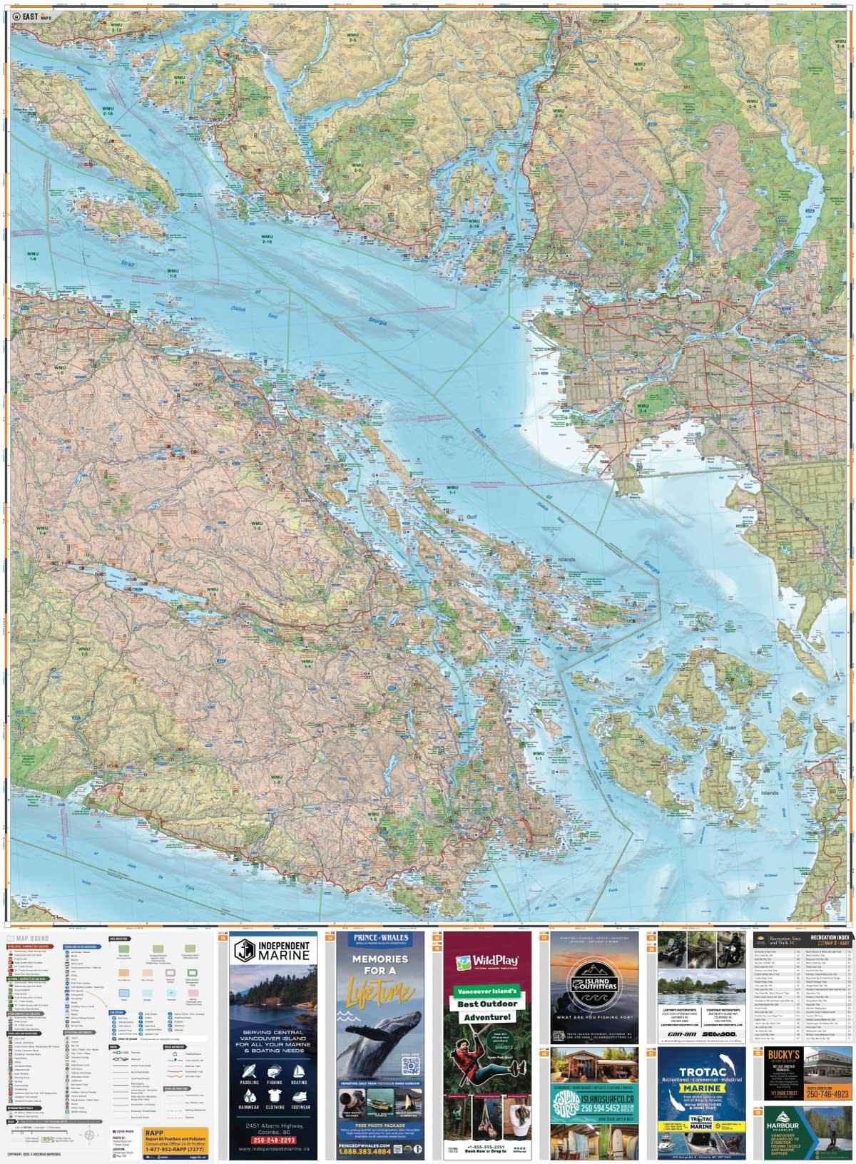 Detailed nautical chart of Vancouver Island and nearby coast with legend and local ads at bottom