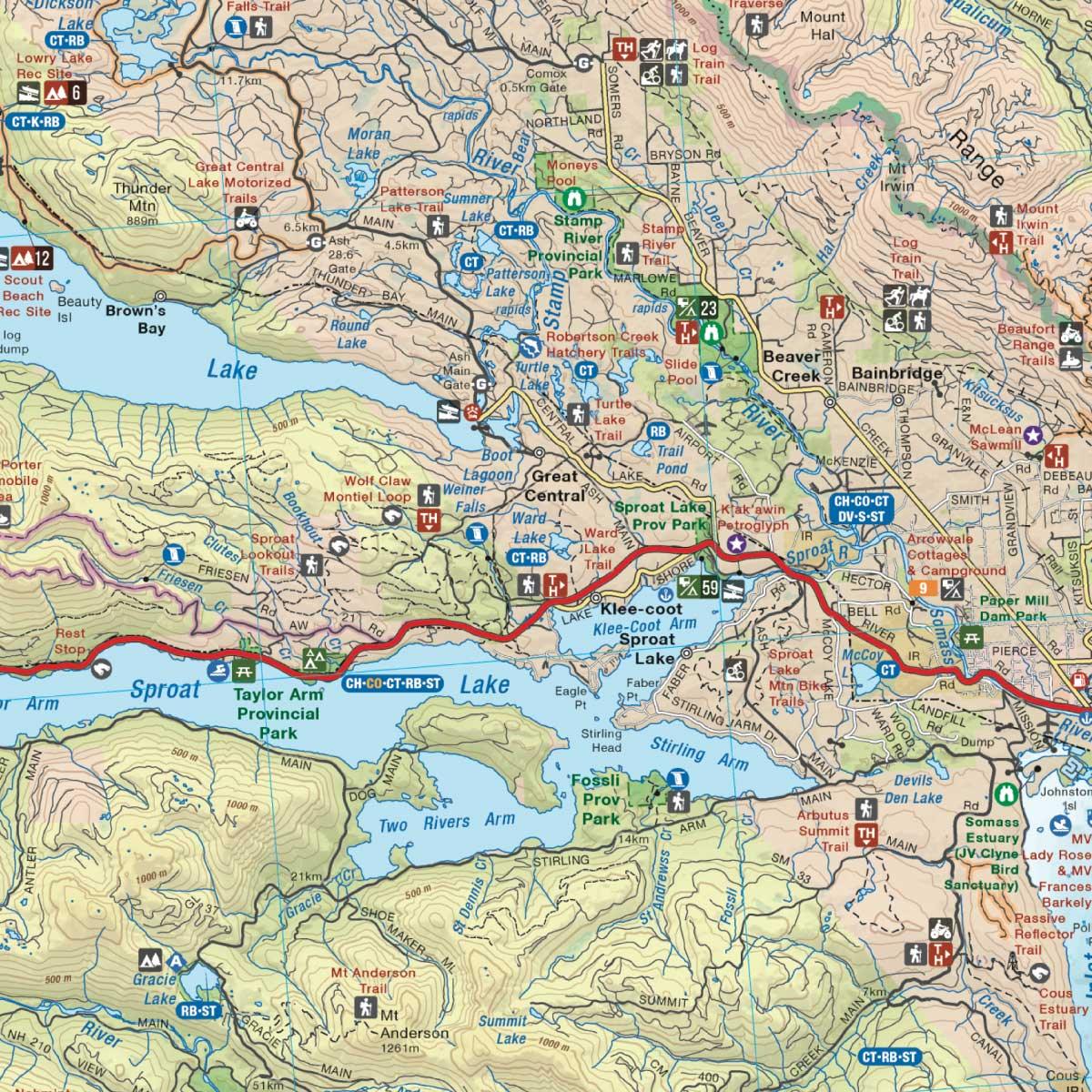 Detail map of Sproat Lake, Taylor Arm Provincial Park, hiking trails, and park icons