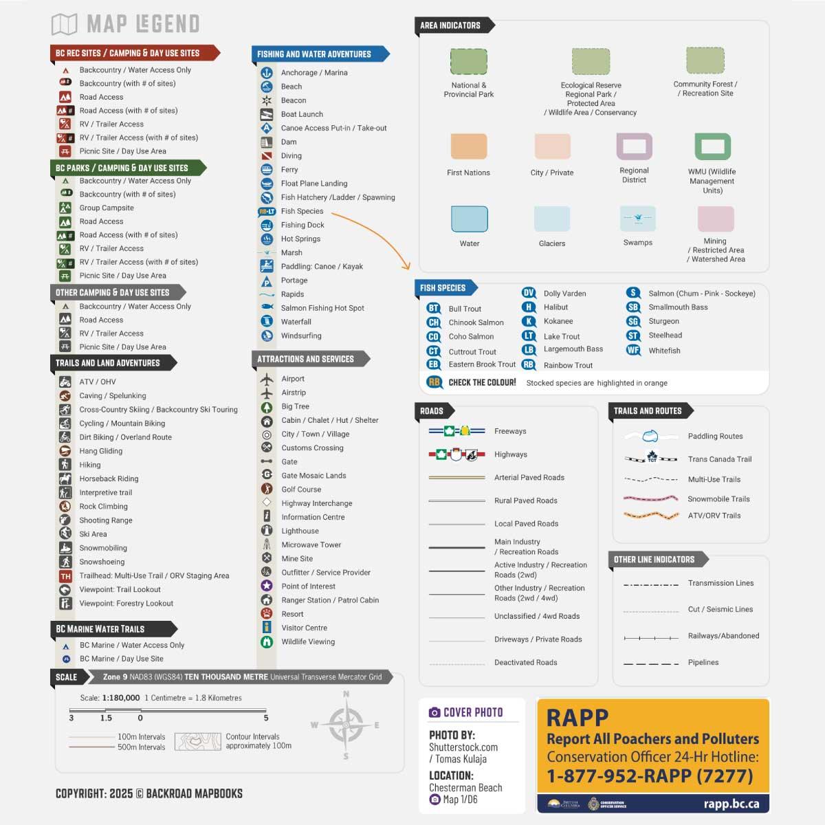 Map legend with icons for camping, trails, water adventures, fish species, area types, and roads.