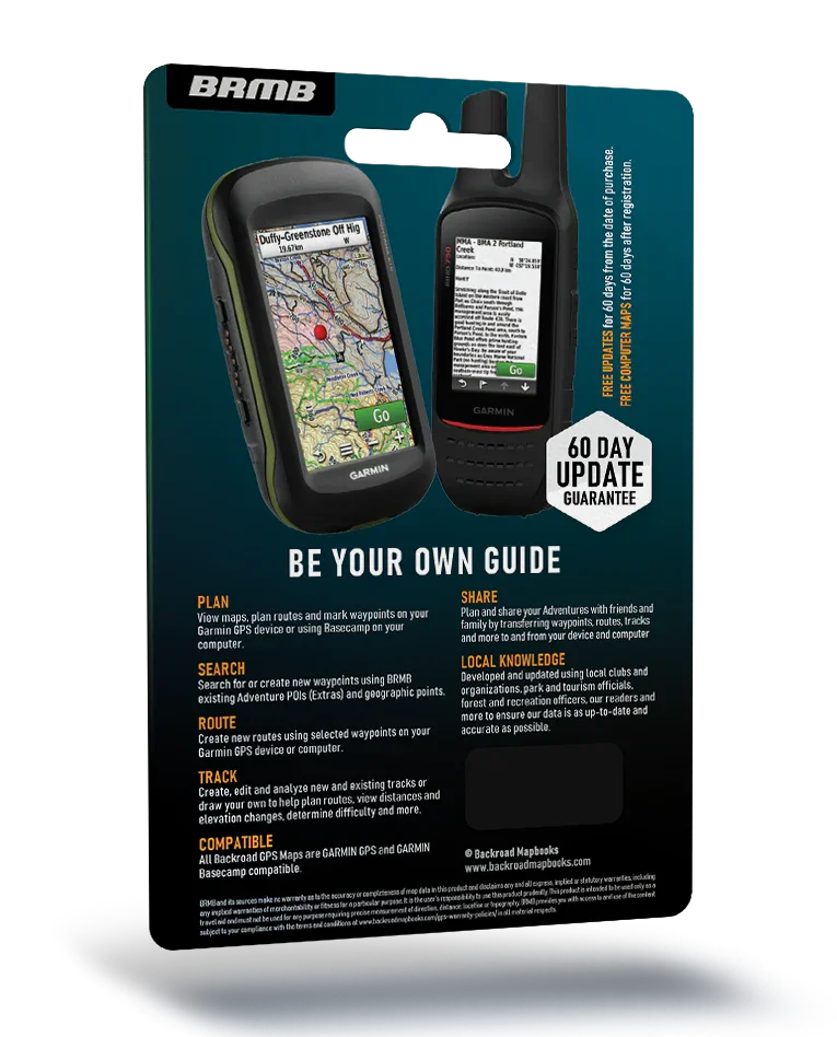 Backroad GPS maps for Garmin with Washington State map display on device packaging