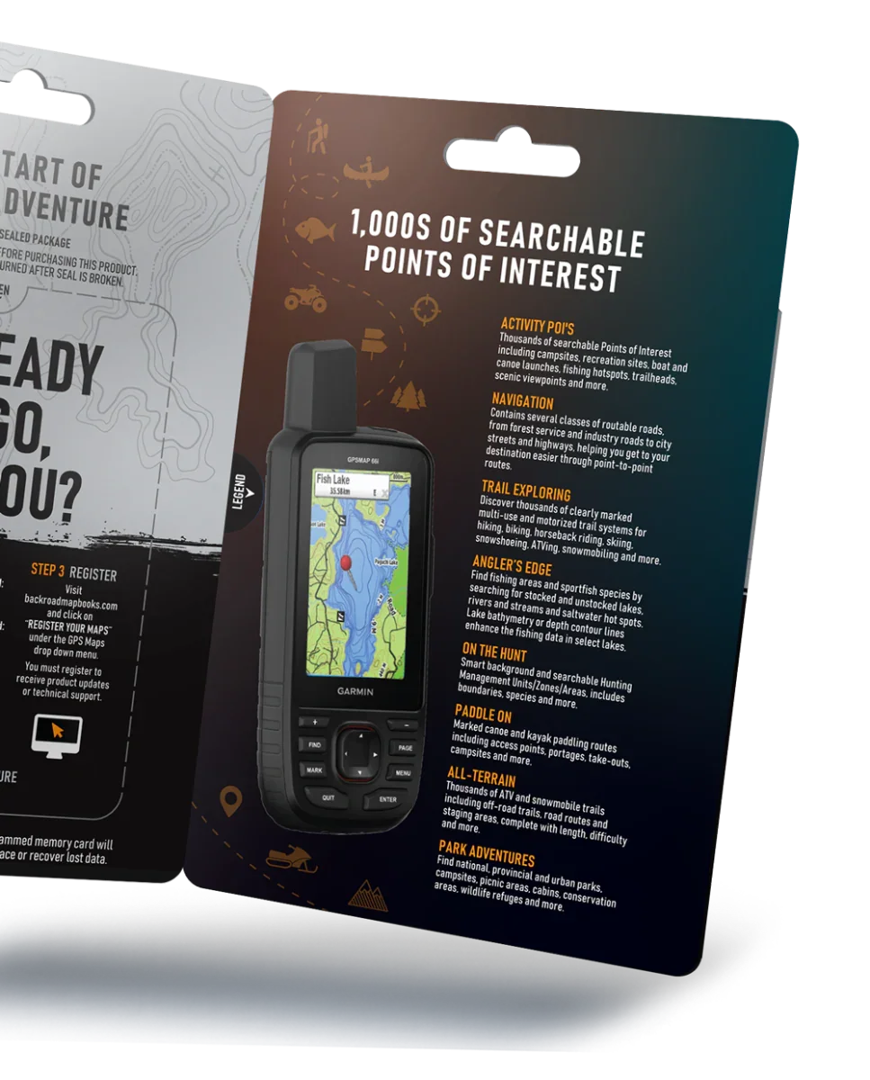 Garmin GPS device displaying Washington State backroad map with points of interest packaging