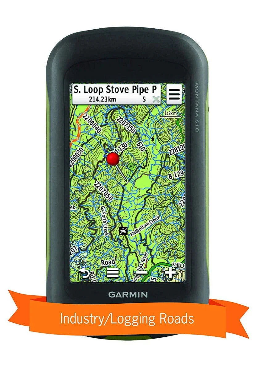 Garmin Montana 610 GPS displaying Washington State topographic map with industry/logging roads banner