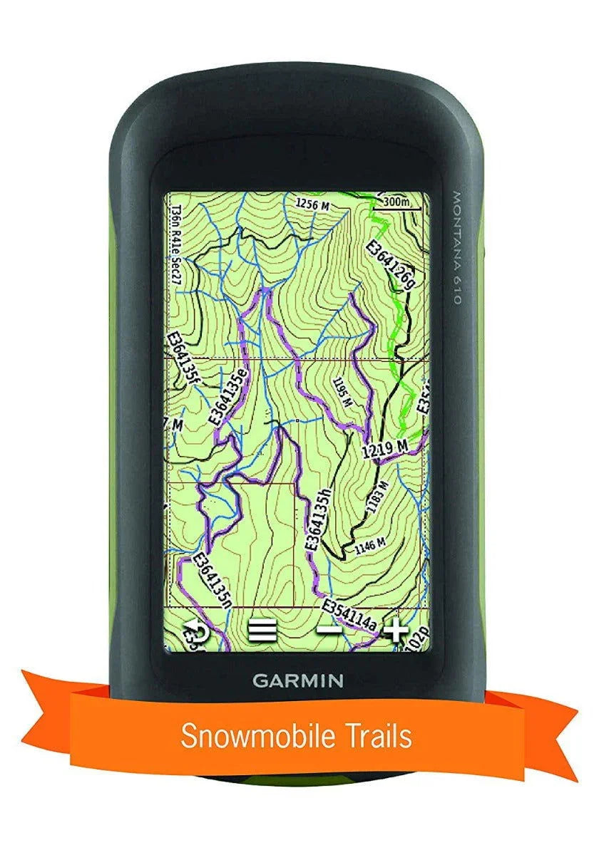 Garmin GPS device displaying Washington State snowmobile trails topographic map