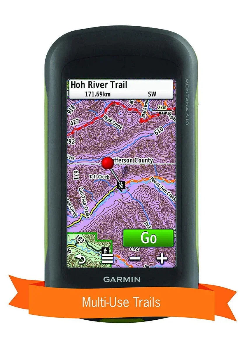 Garmin GPS device displaying Hoh River Trail map in Jefferson County, Washington, with multi-use trails banner.