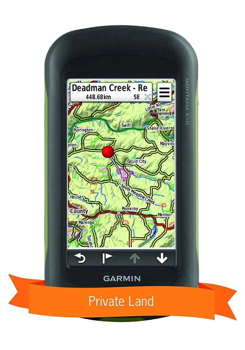 Garmin Montana 610 GPS displaying a Washington State topographic map with 'Private Land' ribbon.