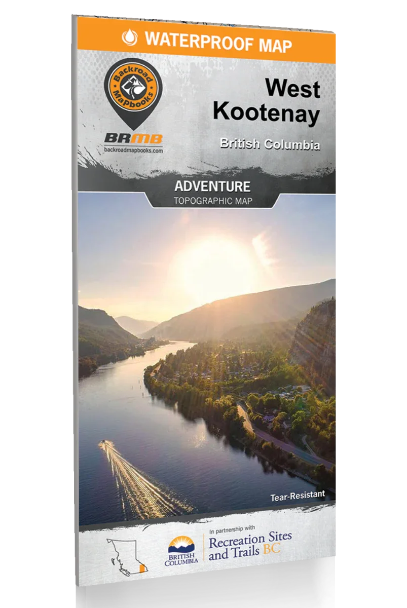 West Kootenay British Columbia adventure topographic map cover with river and mountains at sunset