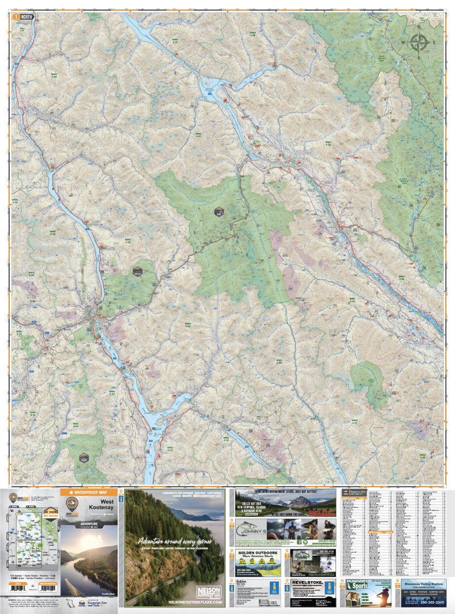 West Kootenay BC recreation map with lakes, rivers, mountains, and local advertiser panels.