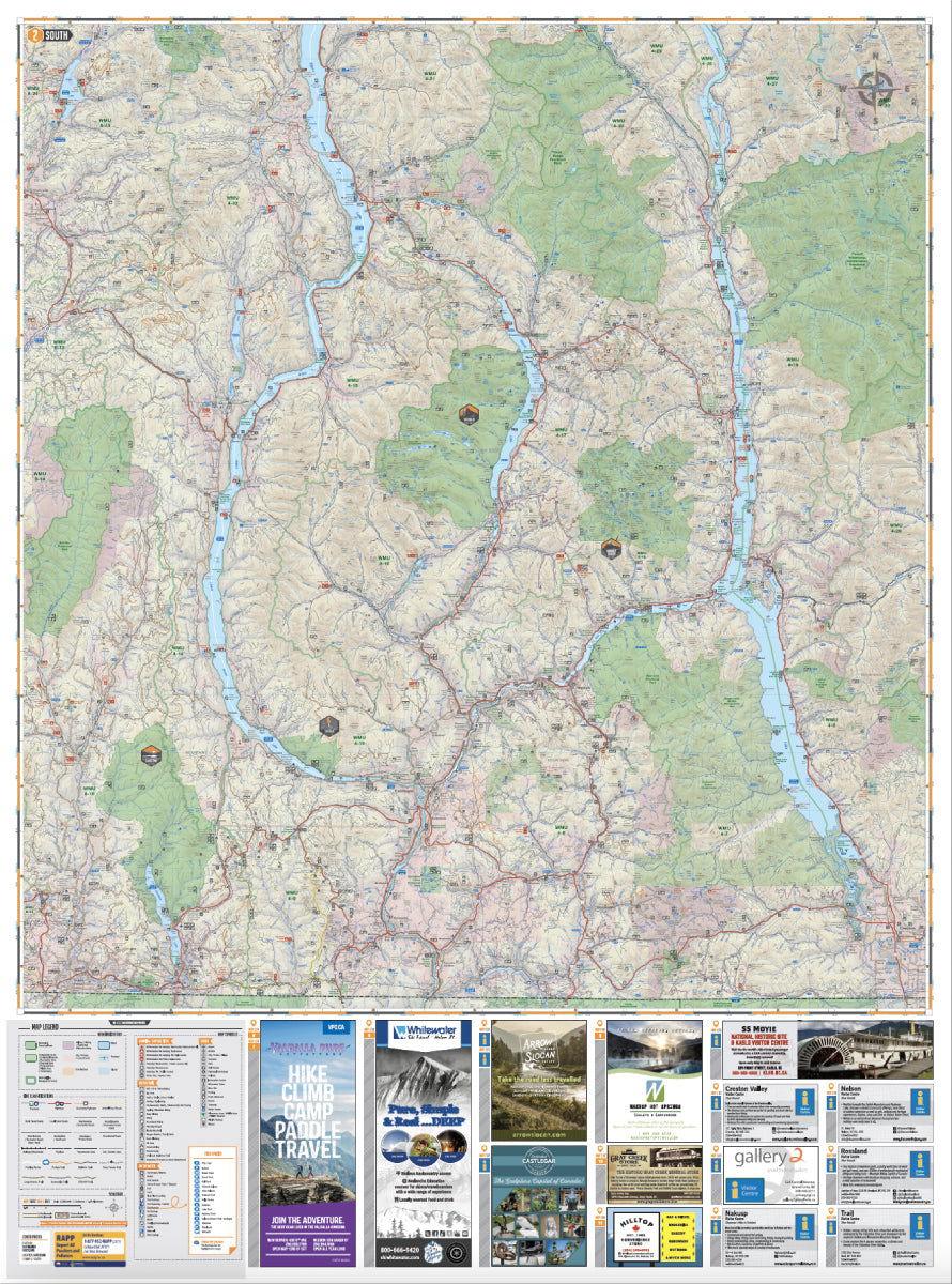 West Kootenay BC recreation map with lakes, rivers, parks, roads, and local area ads at bottom