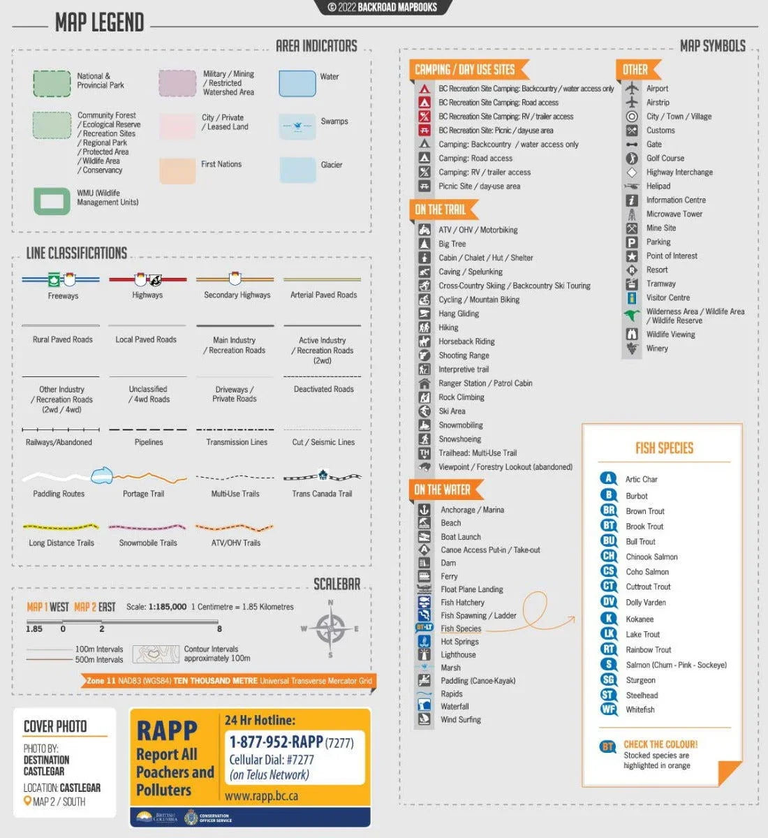 West Kootenay BC recreation map legend with camping, trail, water, area and fish symbols