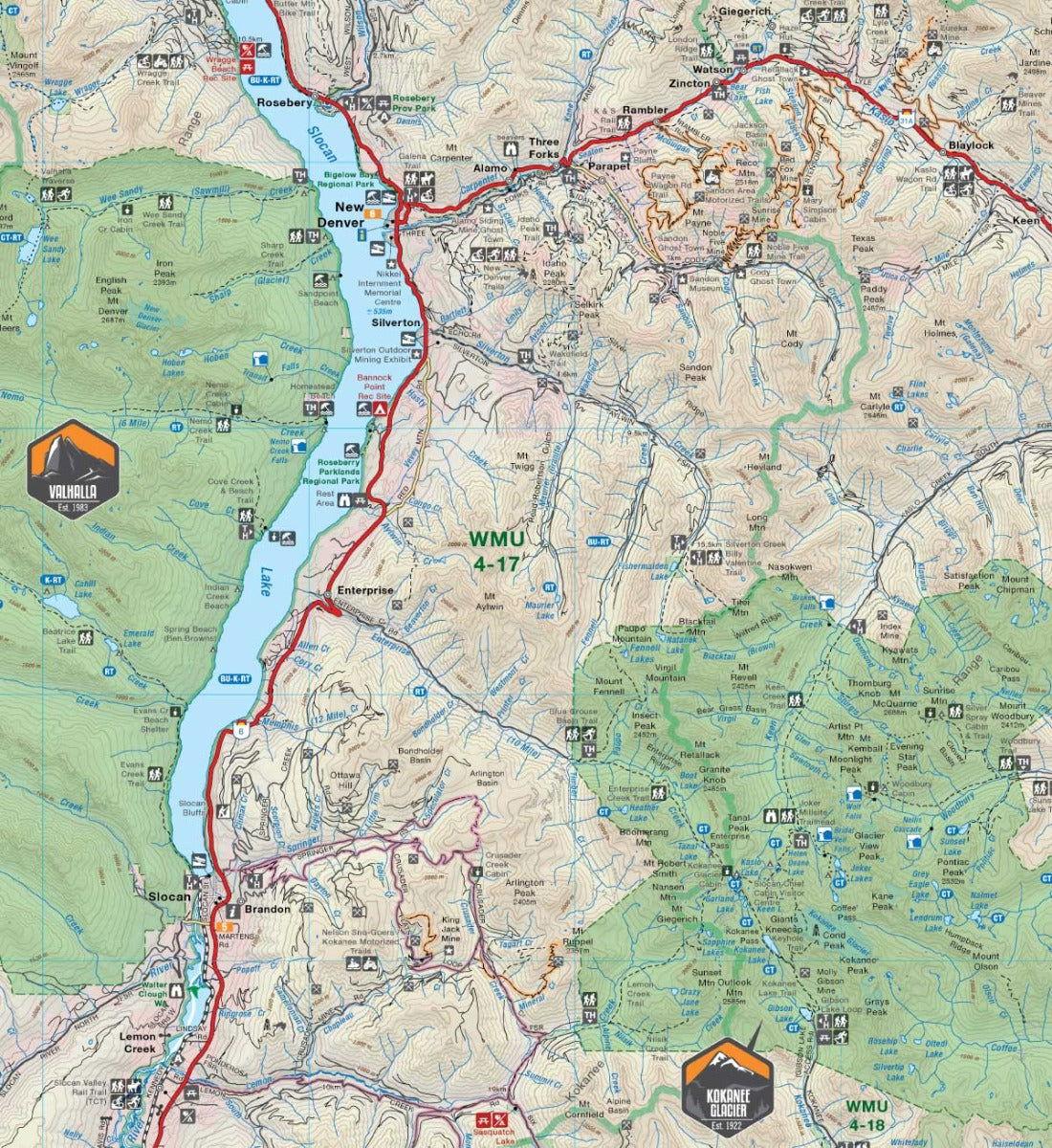 West Kootenay BC recreation map showing Slocan Lake, trails, parks, and local landmarks