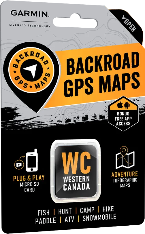 Backroad GPS Maps Western Canada micro SD card package for Garmin with adventure map icons