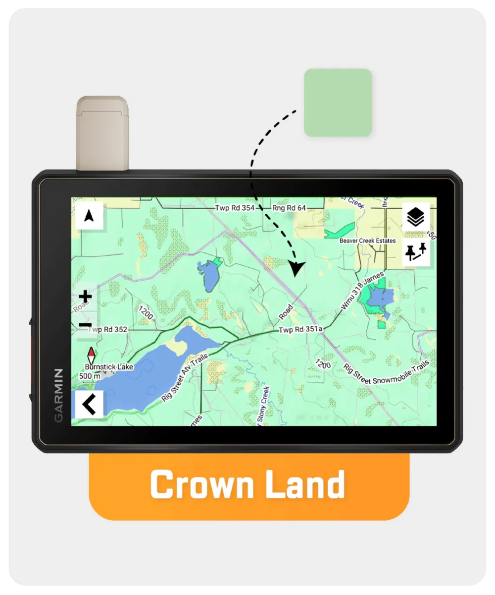 Garmin GPS displaying Western Canada Crown Land map with named trails and lakes.