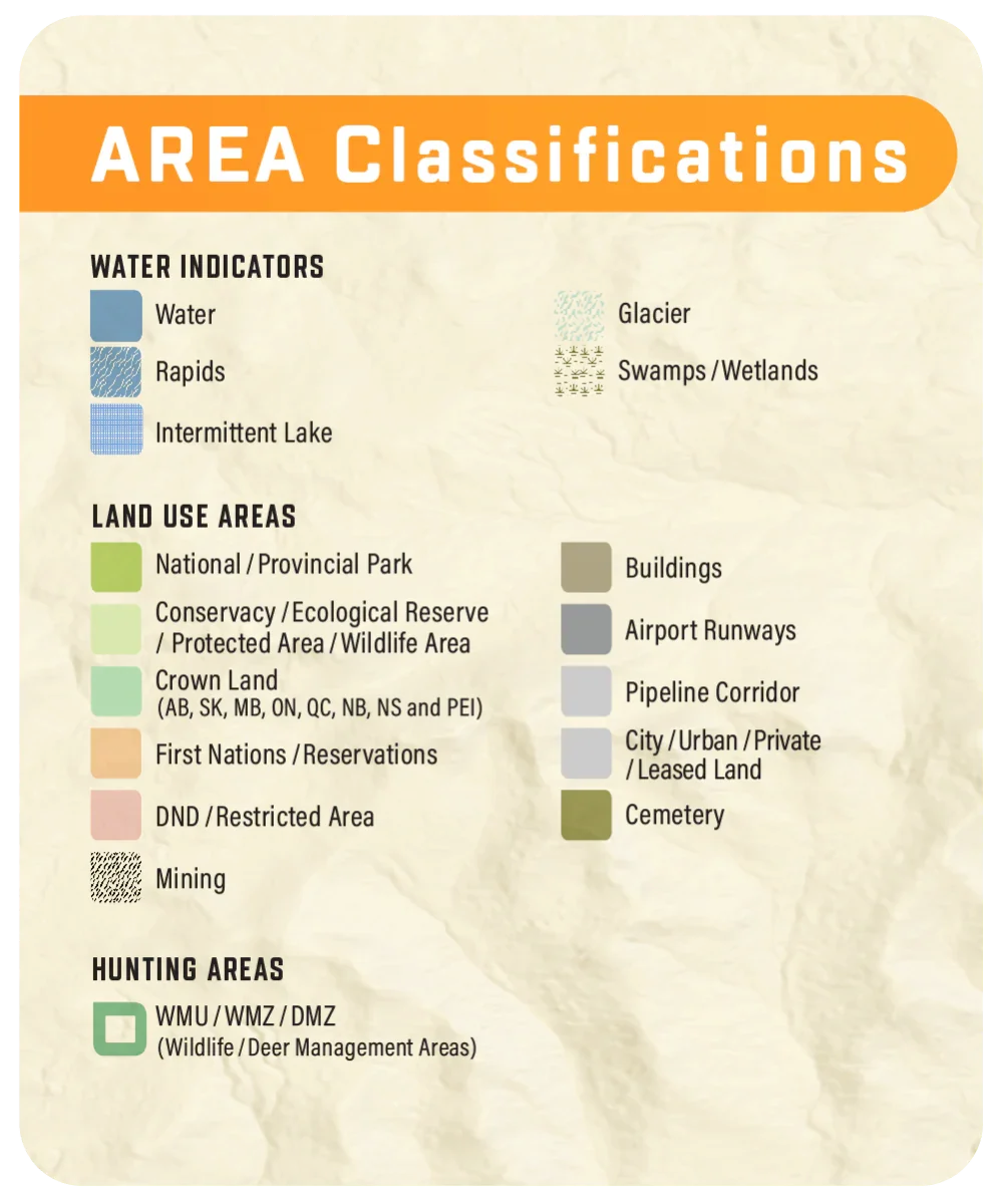 Western Canada GPS map legend for area classifications, water indicators, land use, and hunting zones.
