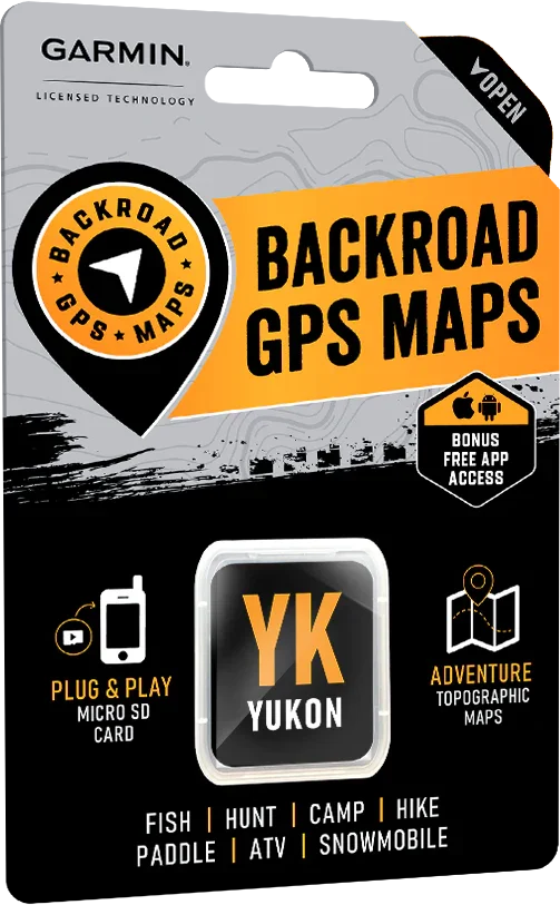 Garmin Yukon backroad GPS maps micro SD card package for outdoor adventure navigation.