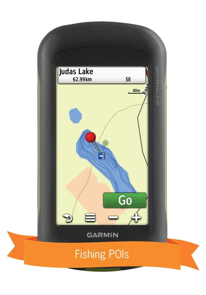 Garmin GPS displaying Judas Lake fishing POI with map and Go button, Fishing POIs banner