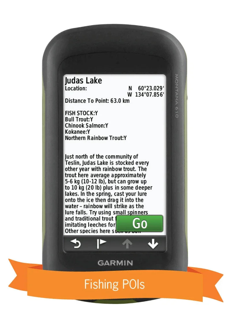 Garmin Montana 610 GPS displaying Yukon fishing POI for Judas Lake with fish stock info.